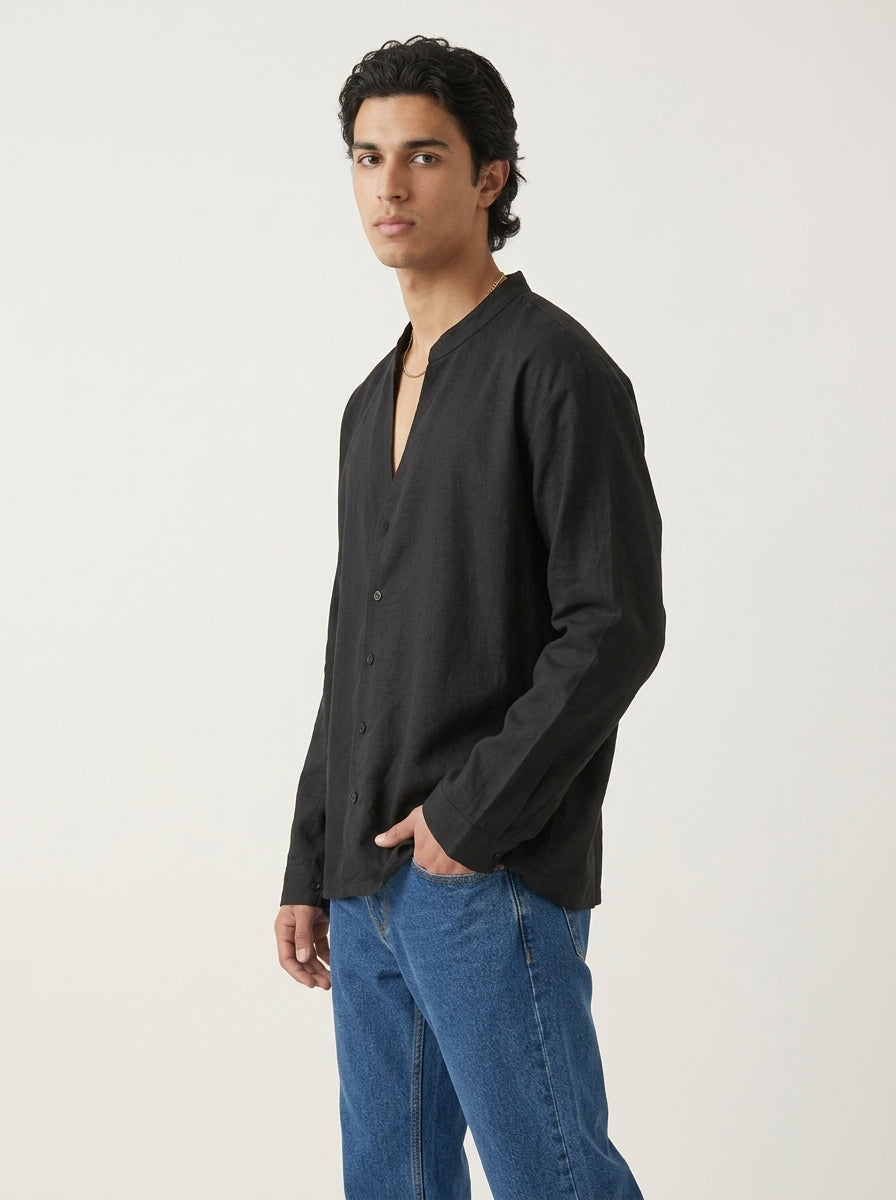 Kyoto Open V-Neck Linen Shirt – Matte Black