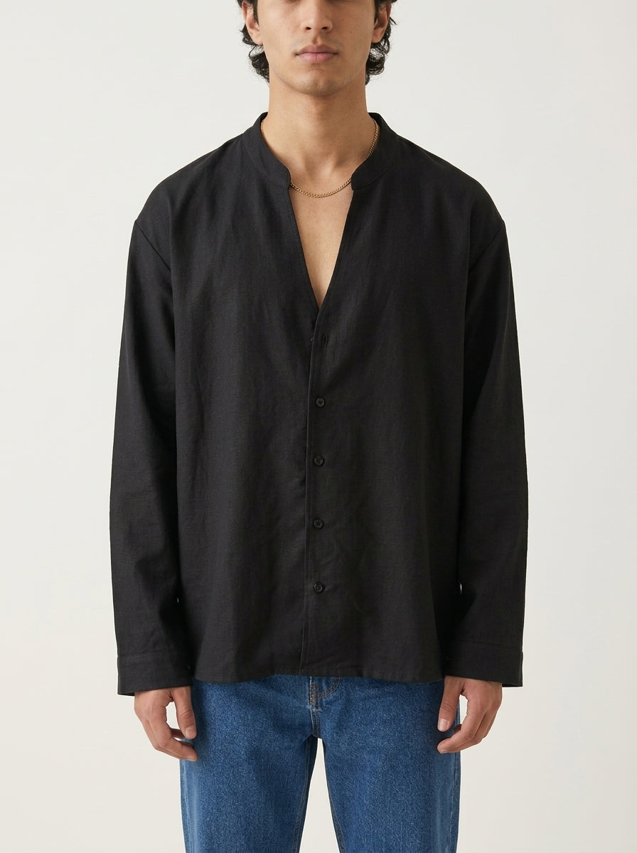 Kyoto Open V-Neck Linen Shirt – Matte Black
